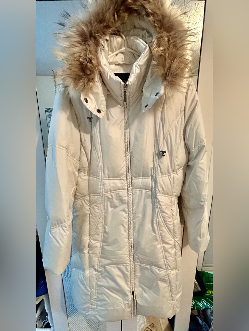 ❄️Womens Long Cream Puffer Coat with Faux Fur Hood